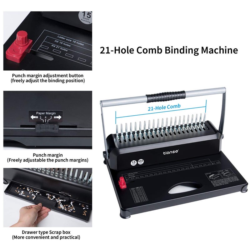TIANSE Binding Machines, 21-Holes, 450 Sheets, Comb Bind Machine Book Maker with 100 PCS 3/8'' Comb Binder Spines Starter Kit, Comb Binding Machine for Letter Size, A4, A5 or Smaller Sizes - Image 3